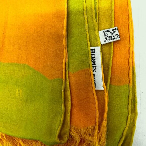 HERMES ParisLightGreen Orange Chiffon silk Scarf 70"x2 8  Logo H PrintFringe(34 - Picture 11 of 14